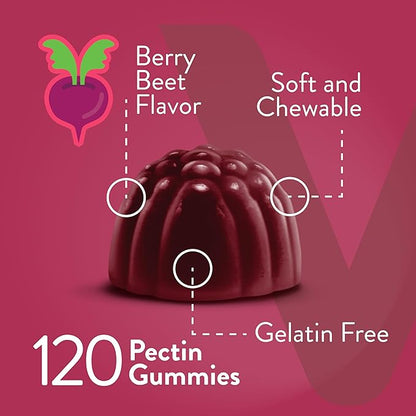 Viteey Beet Root Gummies 4000mg [from 80mg of 50:1 Extract] with Tart Cherry - for Healthy Blood Pressure Support - Vegan, Gelatin Free, Gluten Free-Tasty Chewable Berry Beet Flavored Gummy-120 Count