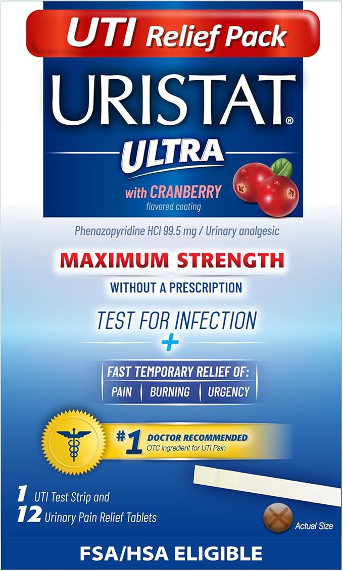 Uristat Ultra Strength Urinary Tract Infection Treatments and Test Relief Kit – 1 UTI Test Strip & 12 Cranberry Flavor Relief Tablets to Ease Urinary Pain, Burning & Urgency