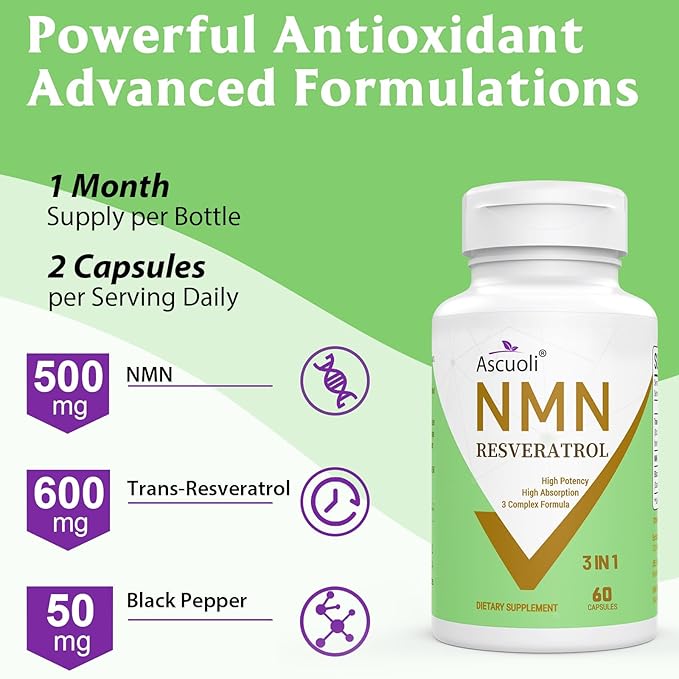 99% Ultra Purity NMN 500mg + Trans-Resveratrol 600mg, 1150mg NMN Resveratrol Supplement, 3-in-1 Advanced Formula for Boost* NAD, Cell, Immune, Energy & Muscle, Healthy Aging, Stabilized Form, 120 Caps