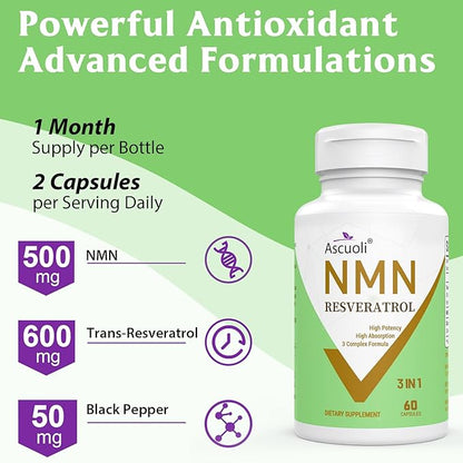 99% Ultra Purity NMN 500mg + Trans-Resveratrol 600mg, 1150mg NMN Resveratrol Supplement, 3-in-1 Advanced Formula for Boost* NAD, Cell, Immune, Energy & Muscle, Healthy Aging, Stabilized Form, 120 Caps