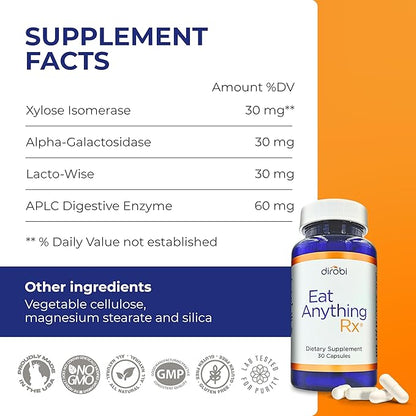 Dirobi Eat Anything Xylose Isomerase Fructose Malabsorption Enzymes, FODMAP Supplement, Digestive Enzymes for Better Lactose, Fat, Protein & Carbohydrate Digestion Gas & Bloating Relief 30 Capsules