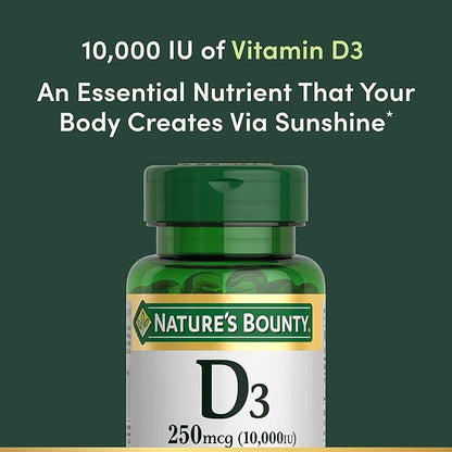 Nature's Bounty Vitamin D for Immune Support, Vitamin D Provides Immune Support and Promotes Healthy Bones, 10000IU, 72 Softgels (Pack of 1)