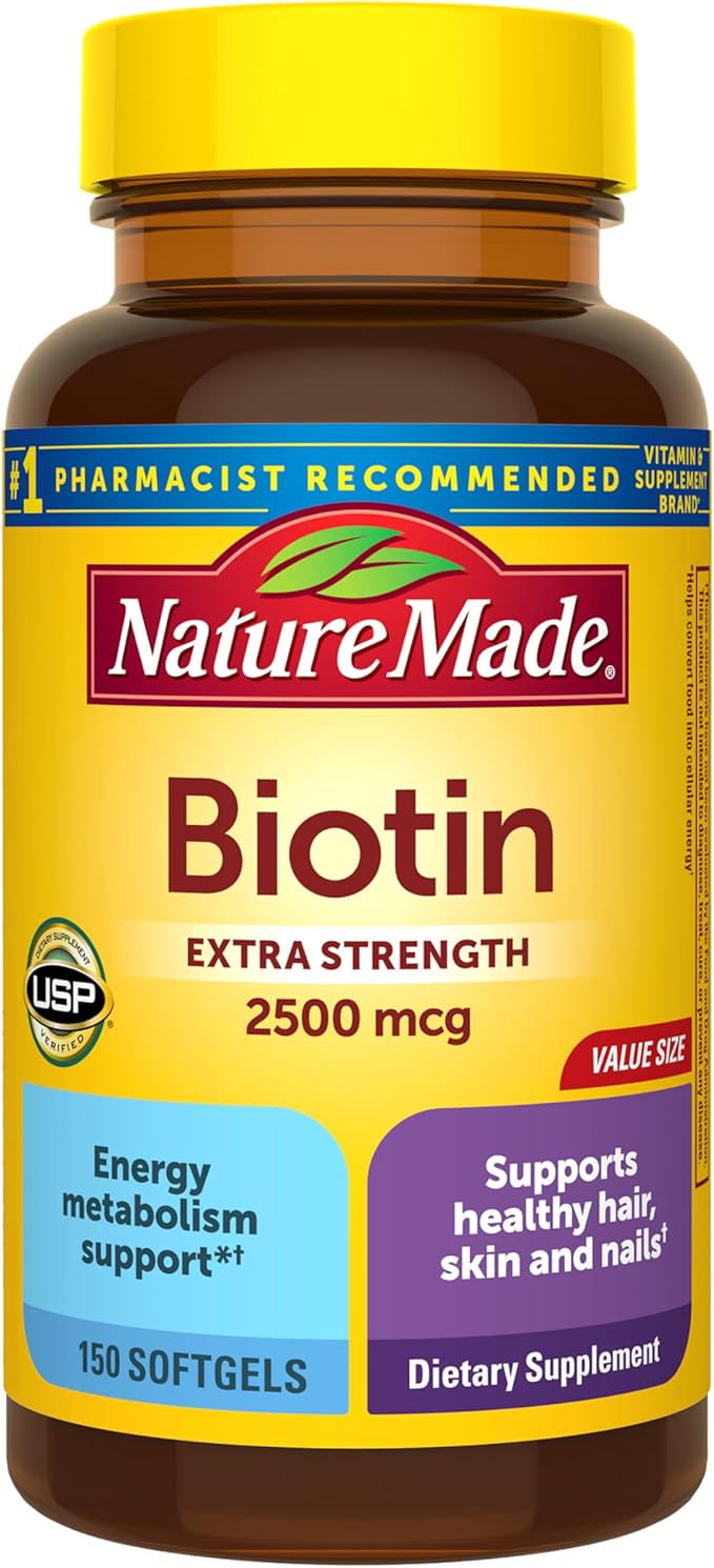 Nature Made Biotin 2500 mcg Extra Strength, Biotin Supplements Support Healthy Hair Skin & Nails, 150 Softgels, 150 Day Supply