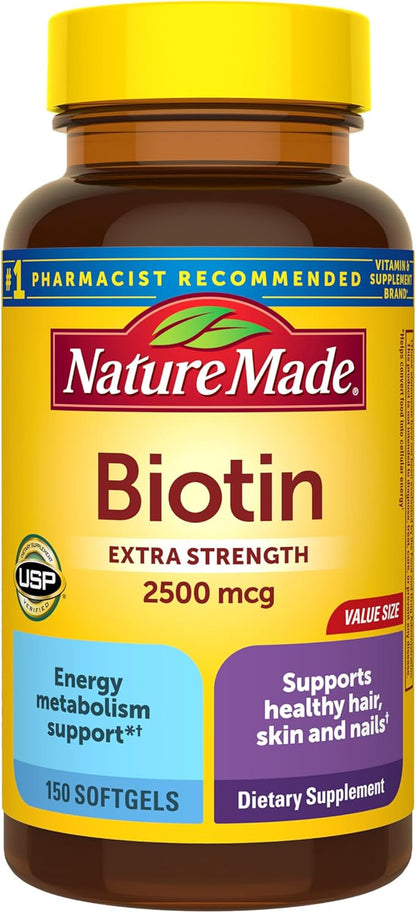 Nature Made Biotin 2500 mcg Extra Strength, Biotin Supplements Support Healthy Hair Skin & Nails, 150 Softgels, 150 Day Supply