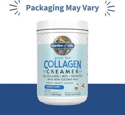 Garden of Life Grass Fed Collagen Creamer Powder - Creamy Vanilla, 12 Servings, Powder for Coffee Energy Beauty Joints, Collagen Peptides with Coconut MCTs, Keto Protein Supplements