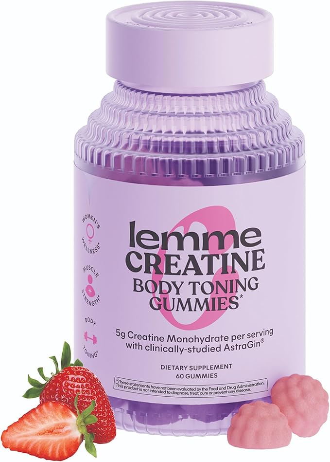 Lemme Creatine Monohydrate Gummies for Women and Men, 5g Dose to Support Lean Muscle, Strength, Recovery, Cognitive Health, w/Ginseng for Absorption, Sour Strawberry, NSF Certified, 60 Gummies