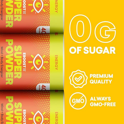 EBOOST Energy Drink & Electrolyte Powder Drink Mix - Super Powder Orange with No Added Sugar, Blend of Vitamins, Nootropics, Natural Caffeine & Hydration - Pre & Post Workout - 40 Serving Tub
