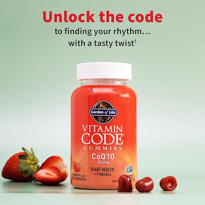 Garden of Life Vitamin Code CoQ10 Gummies 150 mg, Coenzyme Q10 for Heart Health, Energy Production & Healthy Aging & Probiotics for Digestion, Non-GMO, Gluten-Free, 60 Strawberry Gummies,(Pack of 2)