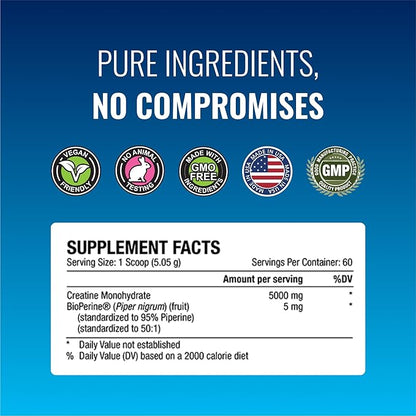 Approved Science Creatine Monohydrate Powder – with BioPerine – Supports Strength, Lean Muscle & Recovery – 5 g Per Serving – Unflavored Creatine Powder – Non-GMO, Vegan – 60 Servings