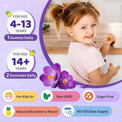 Saffron Gummies for Kids & Adults, 20-in-1 Saffron Supplements with 88.5mg Saffron Extract, B6, B12, C, D3, Magnesium for Calm, Focus, Nerve, Sugar Free, Vegan, Non-GMO - Pineapple Flavor, 120 Counts