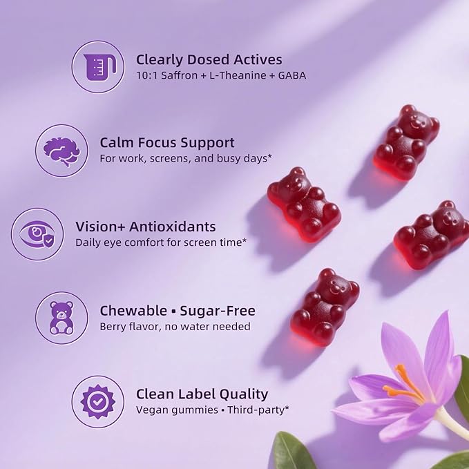 Lukaree 10-in-1 Saffron Gummies Supplements for Mood, Focus & Eye Support with L-Theanine 200mg, GABA, Ashwagandha, Lutein, Zeaxanthin & Astaxanthin, Sugar Free, Vegan, Berry Flavor, 2 Pack 120 Count