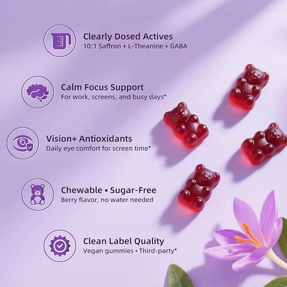 Lukaree 10-in-1 Saffron Gummies Supplements for Mood, Focus & Eye Support with L-Theanine 200mg, GABA, Ashwagandha, Lutein, Zeaxanthin & Astaxanthin, Sugar Free, Vegan, Berry Flavor, 2 Pack 120 Count