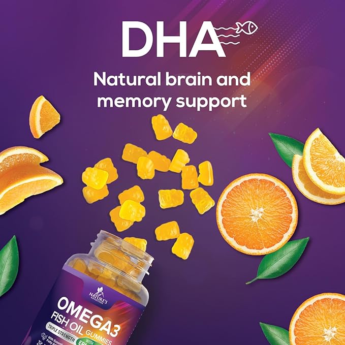 Omega 3 Fish Oil Gummies - 3X Strength Heart Health Support - High Absorption Omega 3 Fish Oil Gummy Supplement with DHA & EPA - Joint & Brain Support for Adults - Tasty Orange Flavor - 120 Gummies
