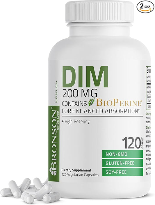 Bronson DIM Supplement 200 MG Diindolymethane with BioPerine for Enhanced Absorption, Estrogen Metabolism & Maintains Balanced Hormone Levels, 120 Vegetarian Capsules