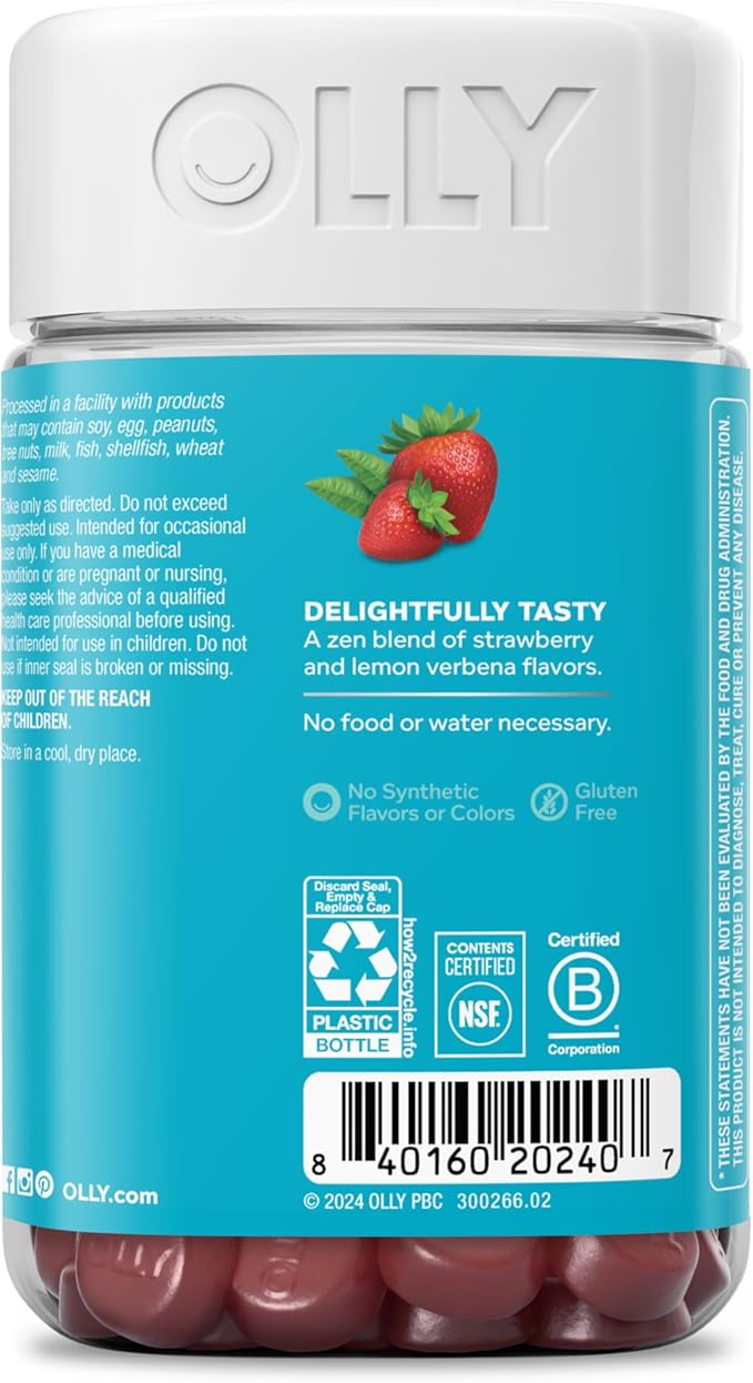 OLLY Goodbye Stress Gummy, GABA, L-Theanine, Lemon Balm, Stress Relief Supplement, Berry - 74 Count