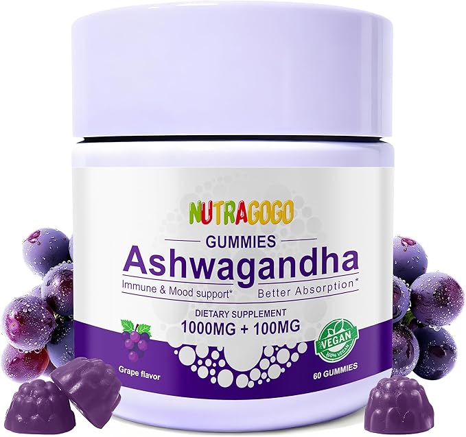 Ashwagandha Gummies & Vitamin D3 Gummies Organic Aswangdha Supplement for Improve Sleep, Stress Relief & Mood Calm (Grape Berry,Non-GMO, Gluten-Free & Sugar Free)-1 Pack