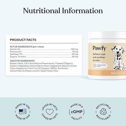 Pawfy Skin & Coat with Salmon Oil - Dog Allergy Relief Chews | Advanced Licking Paws Comfort | Dog Itching Skin Relief & Seasonal Allergies Support - Immune Support & Coat Defense | 30 Chews (Bacon)