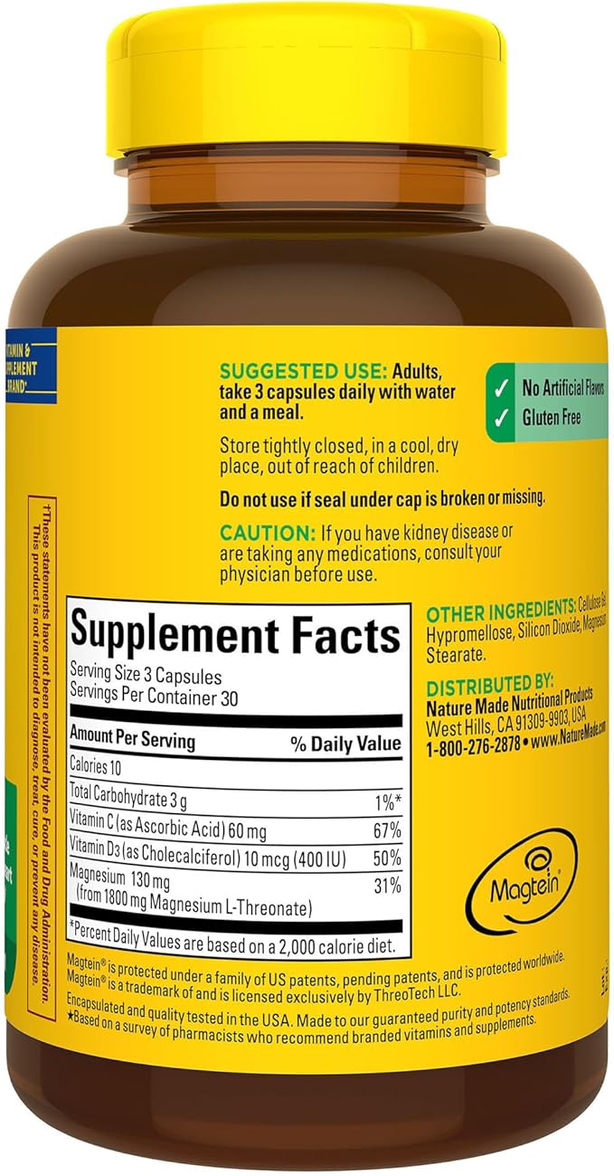 Nature Made Magnesium L-Threonate with Vitamin C & Vitamin D3, Provides 130 mg of Mag from 1800 mg Magnesium L Threonate, Cognitive Support Magnesium-Supplement, 90 Capsules, 30 Day Supply,(Pack of 2)