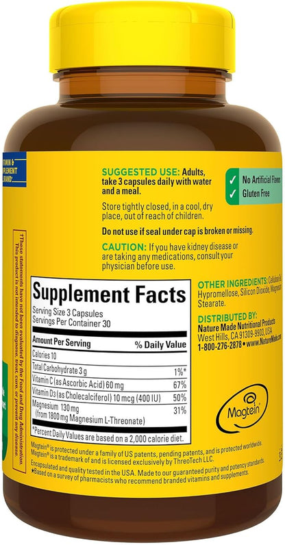 Nature Made Magnesium L-Threonate with Vitamin C & Vitamin D3, Provides 130 mg of Mag from 1800 mg Magnesium L Threonate, Cognitive Support Magnesium-Supplement, 90 Capsules, 30 Day Supply,(Pack of 2)