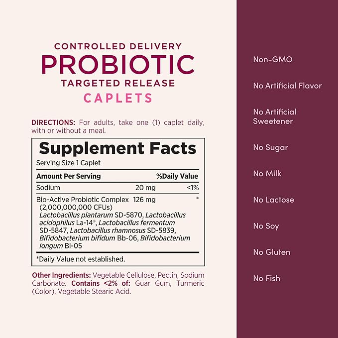 Nature's Bounty Probiotic, Controlled Delivery Dietary Supplement, Supports Digestive, Intestinal and Immune Health, 30 Caplets, 30 Total Servings