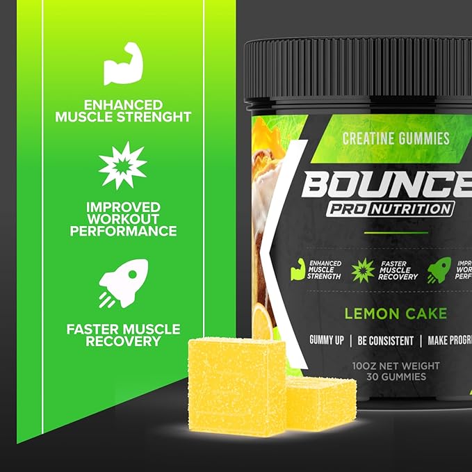 Bounce Pro Creatine Monohydrate Gummies for Men & Women, Low Calorie, 6G of Creatine per Serving, Vegan, Anti-Melting, Gluten-Free, Non-GMO (30 Count (Pack of 1), Lemon Cake)