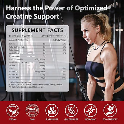 Creatine Gummies for Women, 5000mg Pre-Workout Muscle Strength & Energy Support, 0 Sugar Creatine Gummy with L-Taurine, Zinc, B12 B6, Strawberry Flavor, Vegan - 120 Gummies