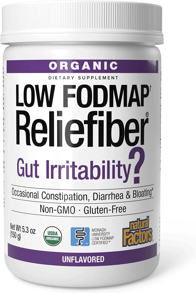 Natural Factors Organic Low FODMAP Reliefiber Powder - Digestive Health Support Supplement with Dietary & Soluble Fiber - Gut Health Support Aids Mild Bloating - Unflavored, 5.3 oz (30 Servings)