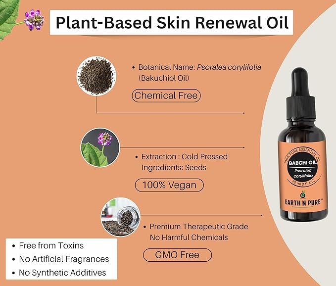 Earth N Pure Babchi Oil (Bakuchi Oil) Cold Pressed, Natural & Therapeutic Grade with Glass Dropper - 100 ml