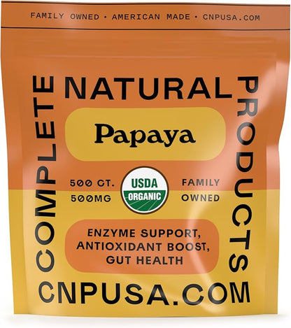 Complete Natural Products Papaya Enzyme Capsules 500mg - Organic Enzymes for Digestion with Papain, Vegan Non GMO Herbal Supplement Made USA, Fast Absorbing Digestive Support - 500 Capsules
