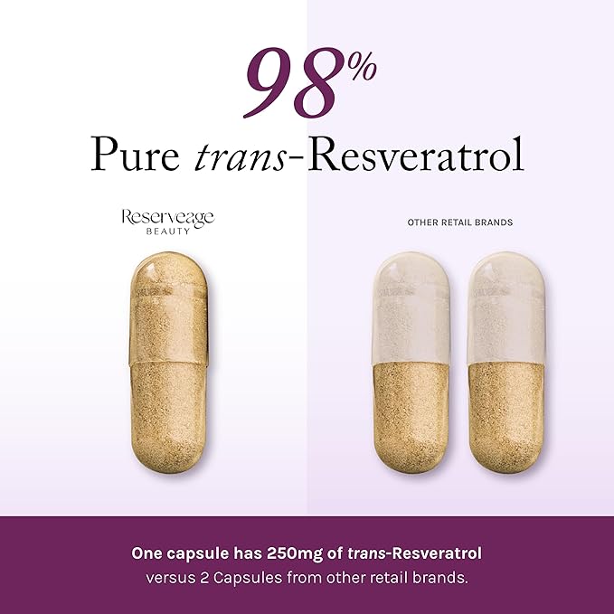 Reserveage Beauty Resveratrol 250 mg - Best Trans-Resveratrol - Vegan Antioxidant Supplement for Cellular & Heart Health - Aids Healthy Aging & Immune Health - 120 Capsules