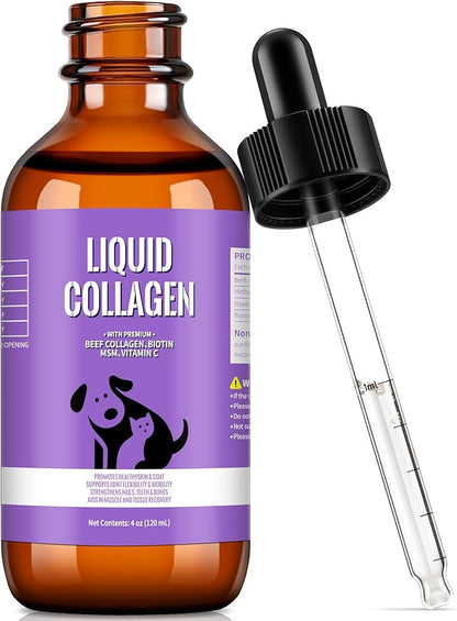 Liquid Collagen for Dogs with Premium Grass-Fed Collagen, Skin & Coat Support, Hip & Joint Mobility, Itch Relief, Digestive & Immune Health, with MSM, Biotin & Vitamin C, 4 fl oz