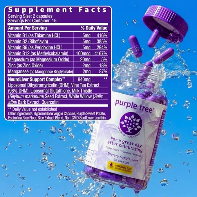 purple tree Post-Celebration Wellness Supplement for Liver Support & Hydration | Liposomal Dihydromyricetin (DHM), L-Glutathione, Milk Thistle, B Vitamins, Minerals, Willow Bark | 30 Capsules