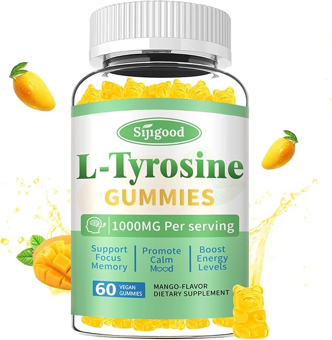 L-Tyrosine Gummies for Adults and Kids - L-Tyrosine Supplement Focus Gummies for Brain, Mood, Energy Support, Vegan & Gluten-Free, Mango Flavor, 60 Count