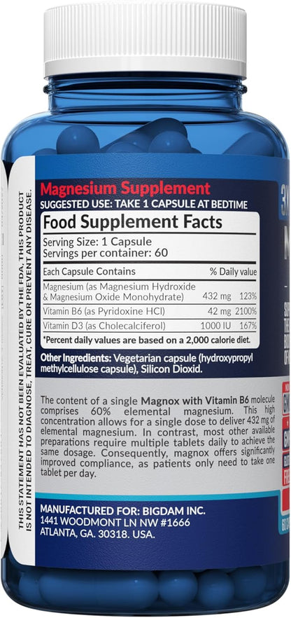 MAGNOX® High Absorption Magnesium Supplement with B6 & D3 Vitamins for Women & Men | Sleep Support | One Capsule a Day for Full Dosage (432mg) Patented & Clinically Tested Formula (60 pils)