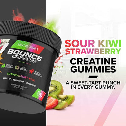 Bounce Pro Creatine Monohydrate Gummies for Men & Women, Low Calorie, 6G of Creatine per Serving, Vegan, Anti-Melting, Gluten-Free, Non-GMO (72 Count (Pack of 1), Strawberry Kiwi)