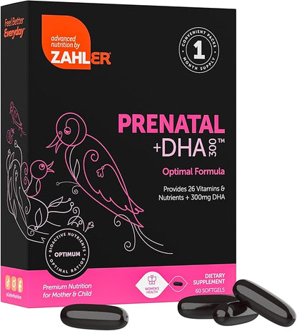 Zahler Prenatal Vitamin with DHA & Folate - DHA Supplements & Prenatal Multivitamin for Mother and Child - Kosher Prenatal DHA Prenatal Vitamins with Iron, Pre Natal Softgels 60 Count