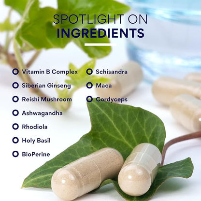 Research Verified Energy Booster - Natural Energy Support - 60 Capsules - Caffeine Free - B Vitamins and Adaptogens - 1 Month Supply