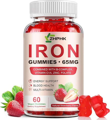 ZHPHK Iron Supplement Gummies, 65mg Iron for Women Men Kids, Natural Vegan Iron Gummy with Folate Gentle on Stomach, Gluten Free, Energy Support & Immune Health, 60 Gummies