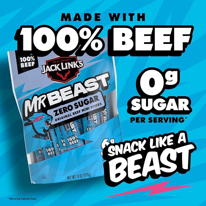 Jack Link’s x MrBeast Beef Sticks, Zero Sugar Mini Sticks, As Seen on Beast Games, 6g Protein, Made with 100% Real Beef, Pantry-Ready Snacks, (Pack of 24)
