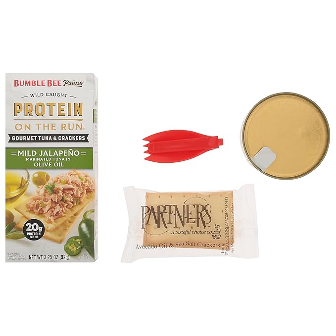 Bumble Bee Prime Protein on the Run Tuna Snack Kit, Pack of 12 - Gourmet Tuna Marinated in Olive Oil & Mild Jalapeno with Crackers and Serving Utensil - 20g of Protein Per Serving, Easy Open Can