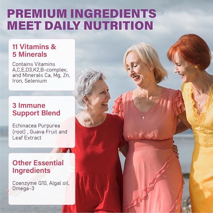 Multivitamin Gummies for Women 50 Plus - with Omega 3, Coenzyme Q10, Iron, Calcium, Zinc, Vitamin A, C, D3, E, K2, B Complex, Folate - Multi Vitamins & Minerals for Energy, Beauty, Immune, Sugar Free