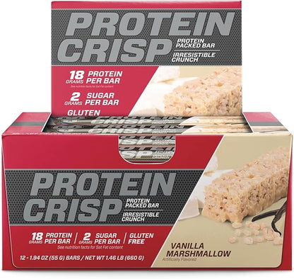 BSN Protein Crisp Bar, Vanilla Marshmallow, 18 Gram Protein Snack Bars with Whey and Fiber, Gluten-Free Crunchy Energy Bars for Workout, Fitness, On-the-Go, 12 Count