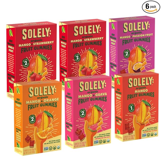 SOLELY - Organic Mango Whole Fruit Gummies Variety Pack (6 Boxes, 5 Flavors, 5 Individual Bags per Box) -Real Fresh Fruit -Healthy Snacks for Adults & Kids -Non GMO,Vegan Snacks,Shelf Stable- 20 Bags (3.5 oz)