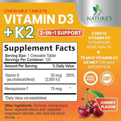 Vitamin D 2000 IU 50mcg Per Tablet - Vitamins D3 & K2 (MK7) Complex Supplement for Bone, Teeth, Muscle, Calcium Absorption, Supports Immune & Heart Health, Chewable Formula USA Bottled - 120 Tablets