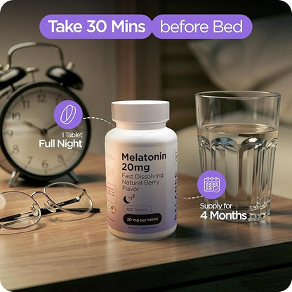 Balancebreens Melatonin 20mg Fast Dissolve Tablets - High Potency, Fast Acting, Natural Sleep Support - Sleep Aids for Adults - Non-Groggy, Drug-Free Formula - 120 Sleeping Pills