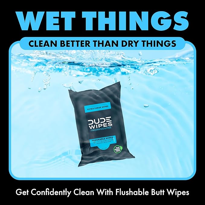 DUDE Wipes Unscented Travel Wipes - 6 Packs of 18 (108 Count) - Extra-Large Adult Flushable Wipes for Sensitive Skin - Infused with Vitamin E and Aloe - Septic and Sewer Safe