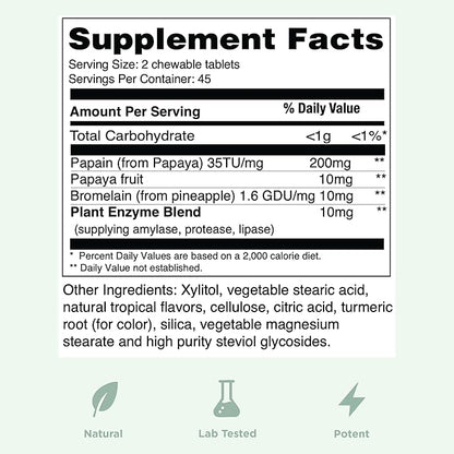 Yuve Naturals Chewable Papaya Enzymes - Sugar-Free Plant-Based Digestive Enzyme Complex for Gas, Bloating & Post-Meal Comfort - Vegan, Non-GMO, Gluten-Free - (2 Pack of 90ct)