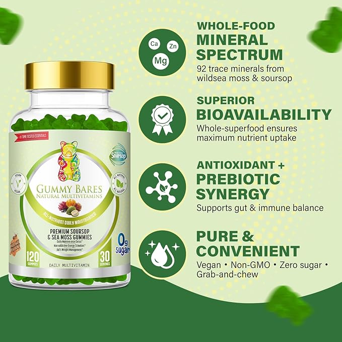 Sea Moss & Soursop Gummies - Organic Irish Sea Moss, Sour SOP Multivitamin, Soursop Bitters, Seamoss & Sea Grapes | Vegan, Sugar-Free (120 ct) | Gummy Bares