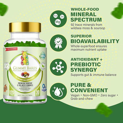 Sea Moss & Soursop Gummies - Organic Irish Sea Moss, Sour SOP Multivitamin, Soursop Bitters, Seamoss & Sea Grapes | Vegan, Sugar-Free (120 ct) | Gummy Bares