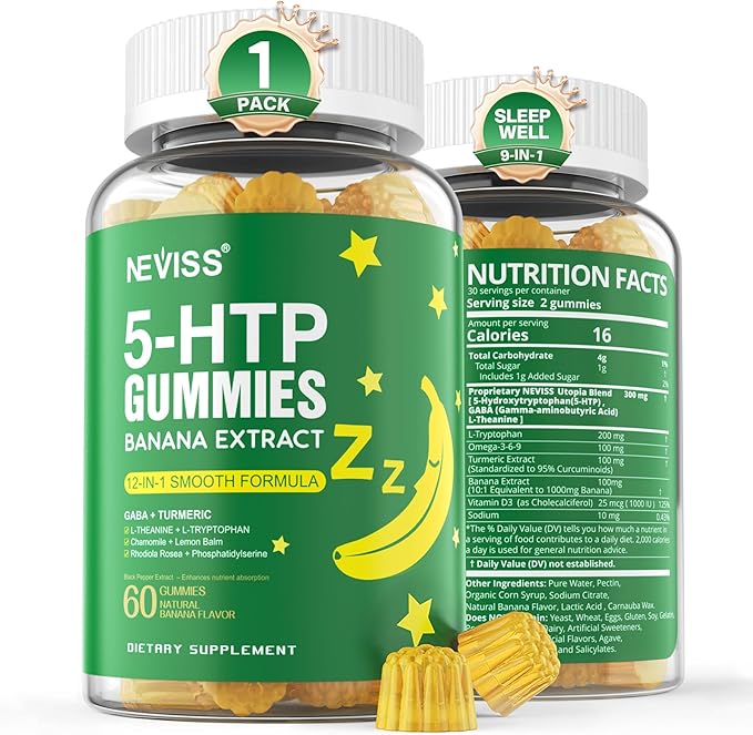 1Pack 5-HTP 400MG Gummies + GABA - Melatonin Free - Relaxation Gummies with Banana Extract, L-Theanine, Turmeric, L-Tryptophan, Vitamin D3 for Healthy Rest Cycle,Circadian Rhythm, Brain & Muscle Relax